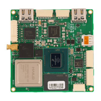 Green low-latency single-board computer with various electronic components and connectors.
