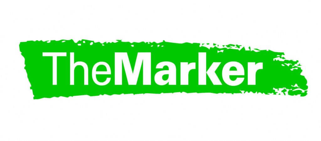 Logo of 'themarker' on a white background, featuring green brush stroke style, symbolizing its commitment to extensive media coverage.