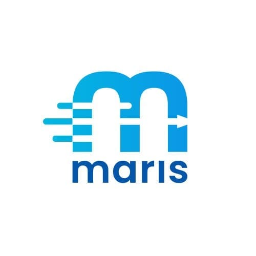 Blue and white low latency logo of "maris" featuring stylized letter 'm' with arrow motif.