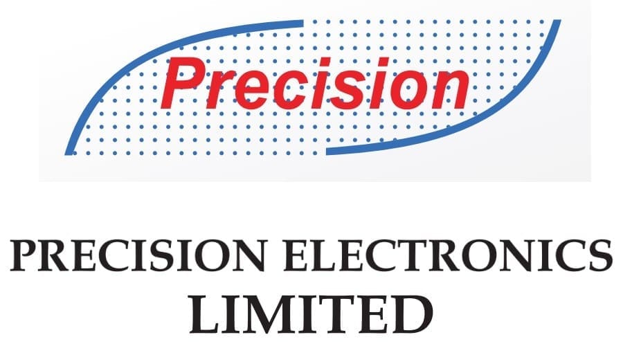 The image displays the logo and name of Precision Electronics Limited, featuring the word "Precision" in red with a blue and white dot pattern, and the full company name in black uppercase letters below. This branding reflects their commitment to low-latency solutions.