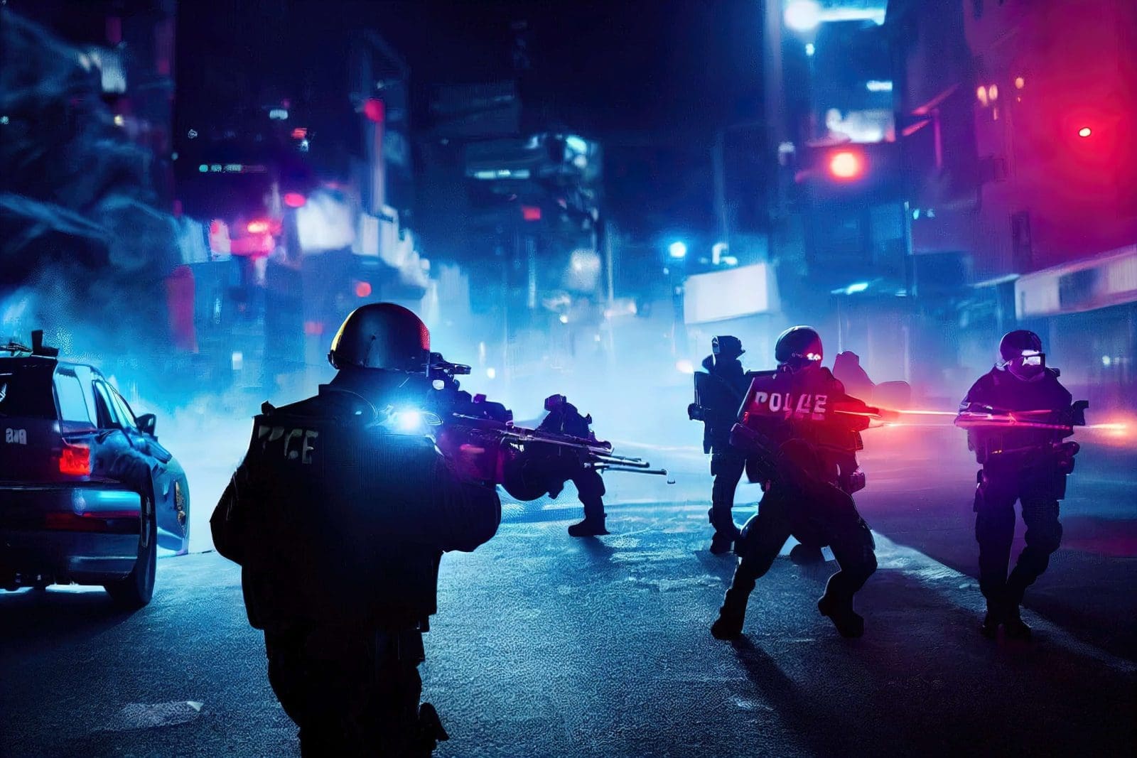 Police in tactical gear moving through a smoke-filled street at night, using AI-enhanced visual analytics for law enforcement operations.
