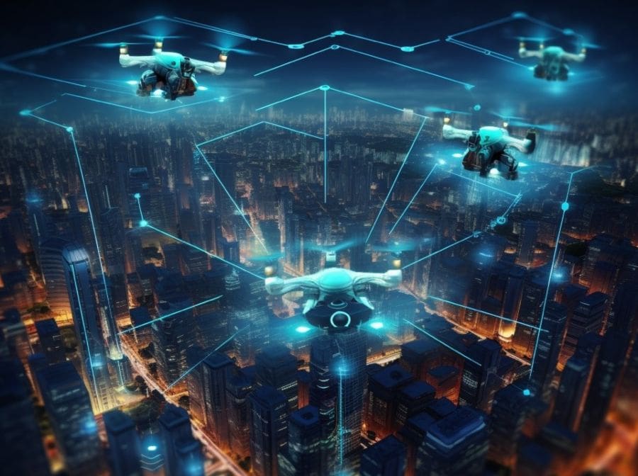 Futuristic urban environment monitored by a network of drones and counter-UAS technologies at night.