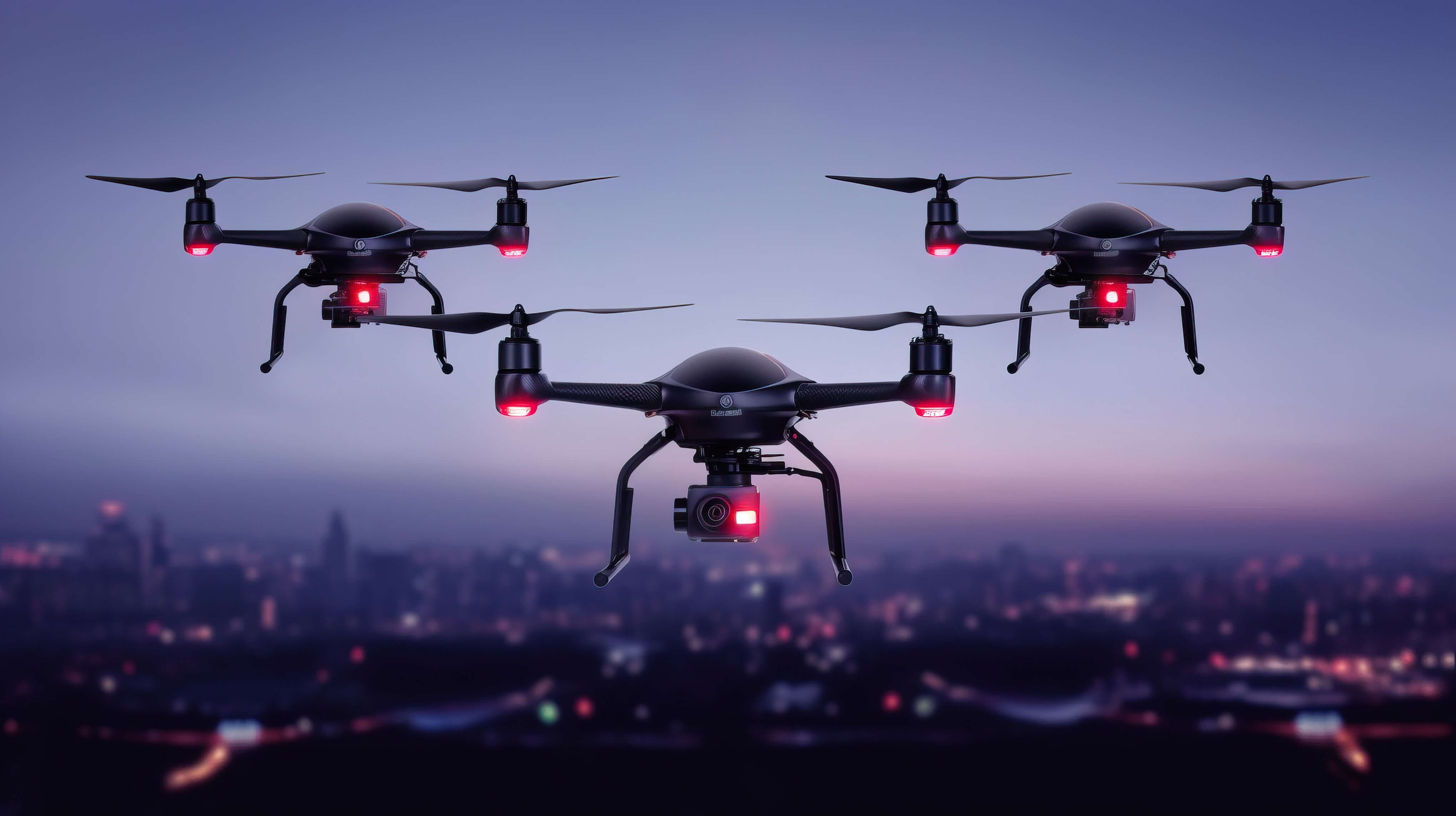 Three drones with video intelligence and cameras flying against a twilight city skyline.