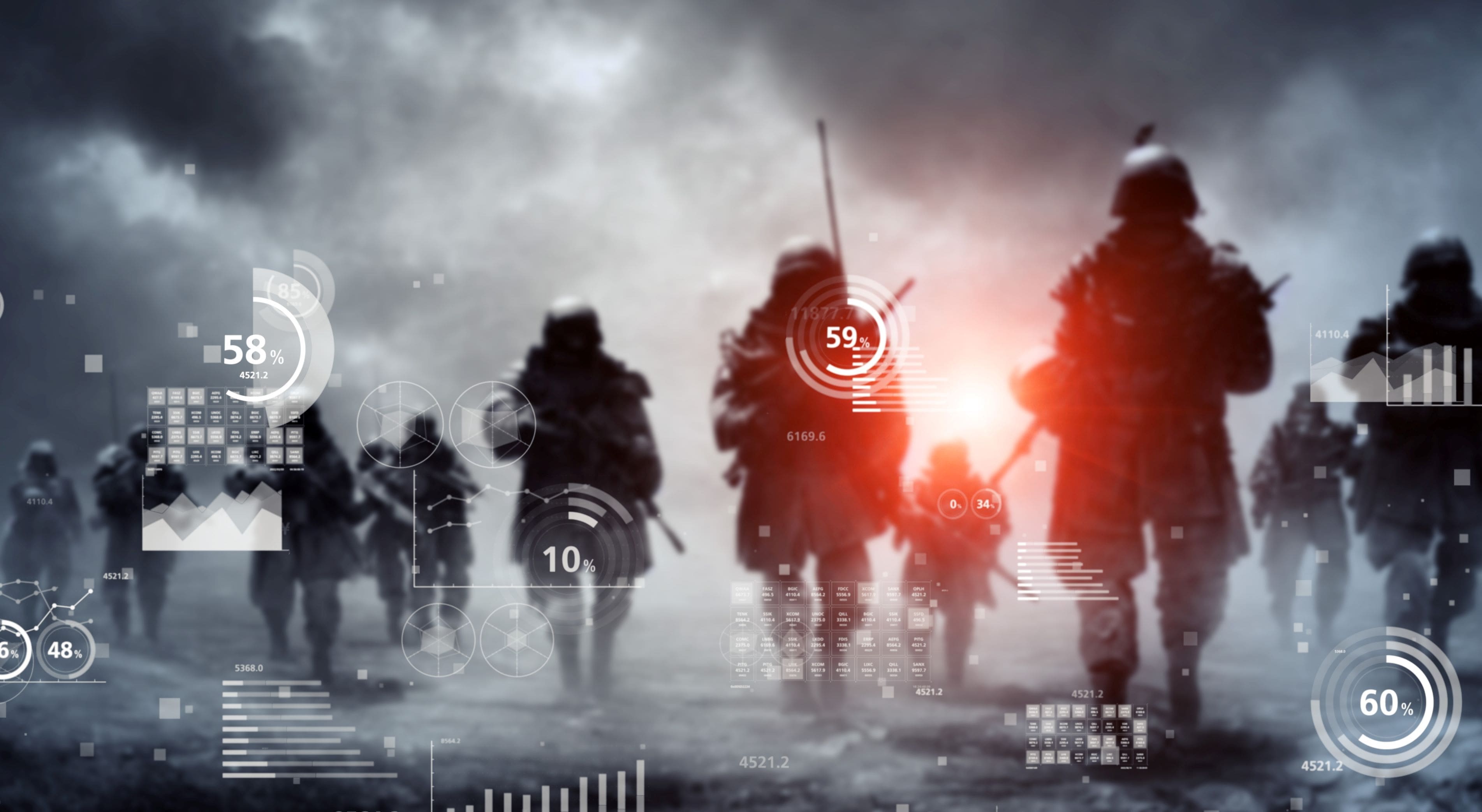 A group of soldiers advancing through a smoky battlefield overlaid with futuristic digital interface elements, showcasing AI trends in military tactics.