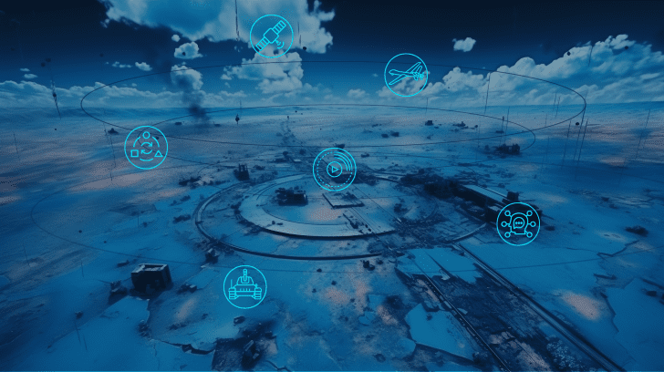 A graphical overlay showcasing various technological and military robotics icons integrated into an aerial view of a snowy landscape, symbolizing a connected, autonomous systems-driven smart environment.
