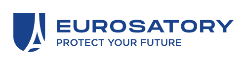 Eurostatory logo featuring a blue shield with a white arc and leaf design next to the text "EUROSATORY PROTECT YOUR FUTURE" in blue.