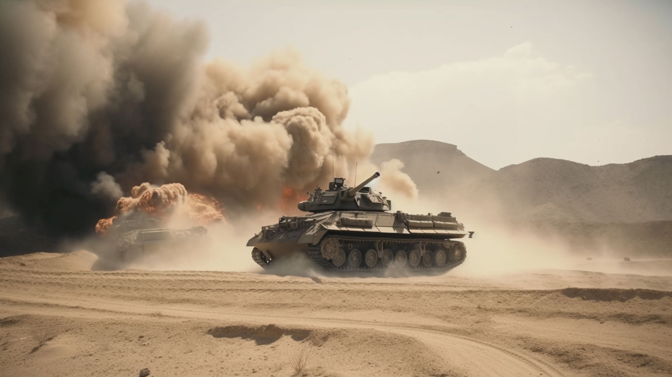 Armored vehicles advancing in a desert environment with explosions in the background.