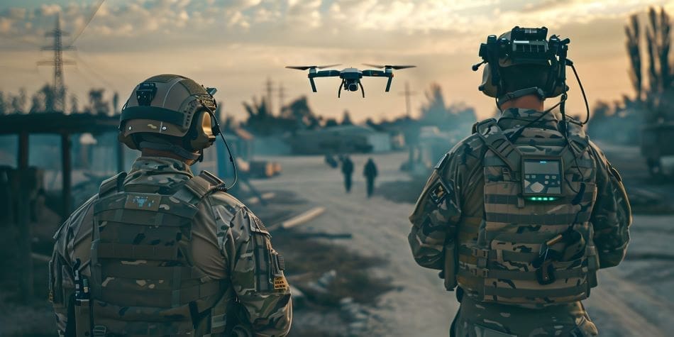 Two soldiers in tactical gear observing a drone in flight in a deserted area during twilight.