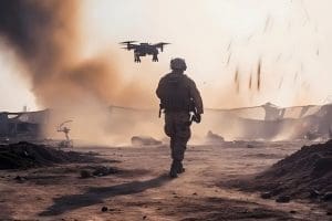 A soldier in uniform walks towards a drone flying in a dusty, smoky environment, with scattered debris and military equipment in the background.