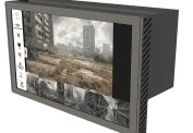 A rectangular monitor with low latency displays images of a post-apocalyptic urban landscape, complete with overgrown vegetation and damaged buildings.