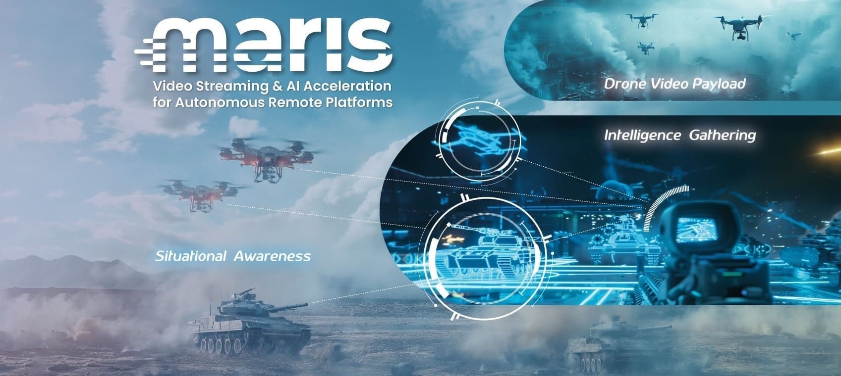 A promotional graphic for "maris" featuring a tank, drones, and surveillance equipment. Text highlights the company's focus on video streaming, AI acceleration, situational awareness, and intelligence gathering.