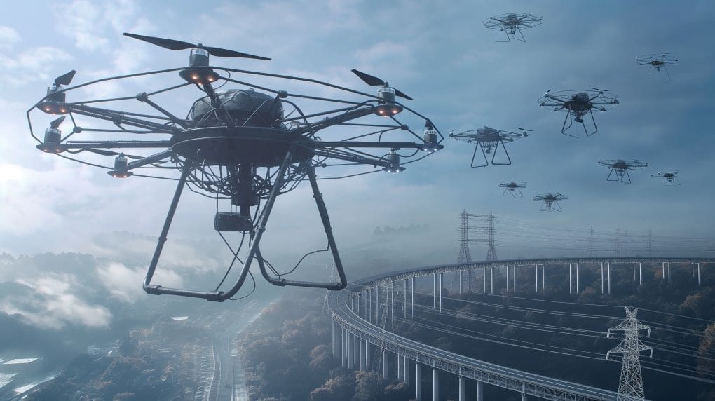 Several drones fly over a misty landscape with a large bridge, power lines, and a forested area below, creating an eerie vision of future warfare.