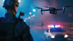 A police officer monitors a Public Safety Drone at night with blurred lights in the background and a police car with flashing lights in the distance, highlighting its crucial role in today's world.