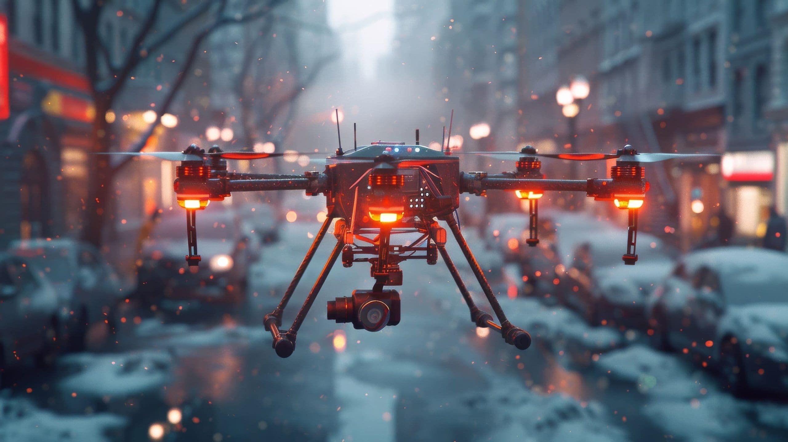 In today's world, a public safety drone with glowing red lights hovers over a snow-covered city street lined with parked cars and buildings, as light snow gently falls around.