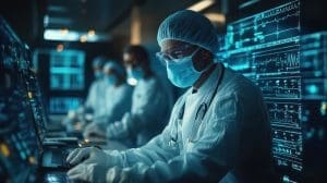 Healthcare professionals in masks and gowns work at computer stations, surrounded by digital medical displays in a dimly lit room, utilizing real-time video solutions to ensure ultra low latency communication.