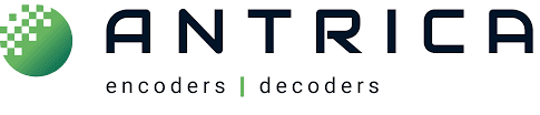 Logo of Antrica with "encoders | decoders" in text, featuring a green sphere with digital square pattern on the left.